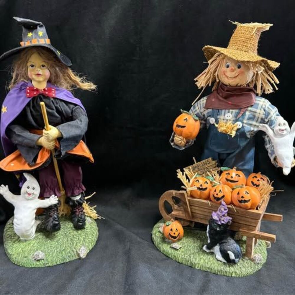Halloween Fall Decor Witch & Scarecrow 13” Fabric Mache Figures w/ original box